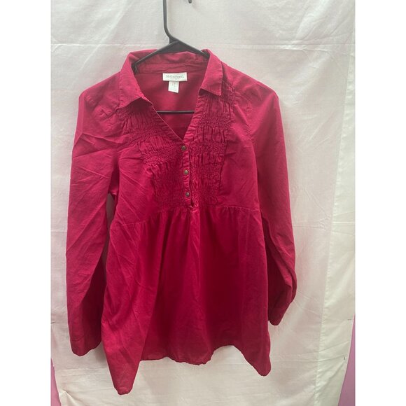 Motherhood  M Fuchsia Pink Long Sleeve Ruffled Collared V-Neck 1/2 Button Shirt - Picture 1 of 9